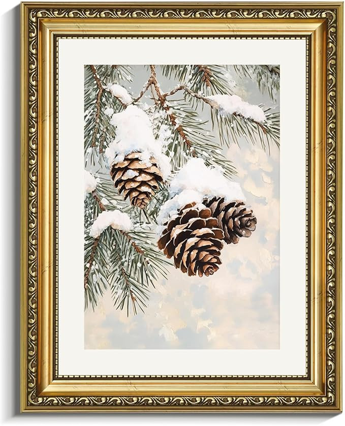 VIYYIEA Gold Framed Snowy Pinecone Christmas Wall Art Winter Pine Tree Branch Painting Pictures R... | Amazon (US)
