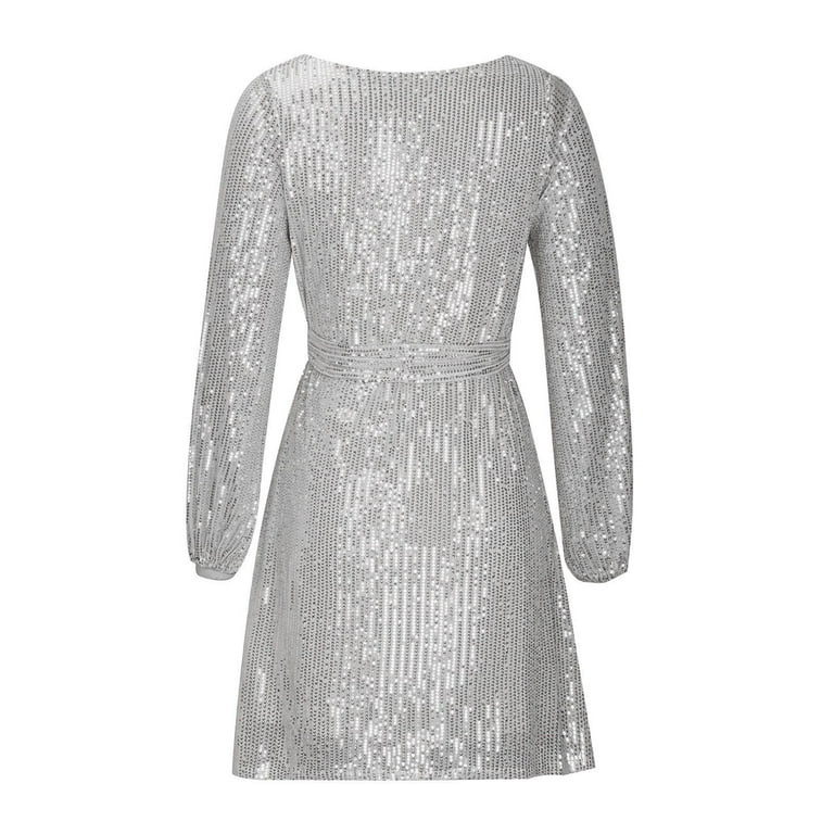 qucoqpe Women's Sparkle Glitzy Glam Sequin Long Sleeve Flapper Wedding Guest Party Club Dress for... | Walmart (US)