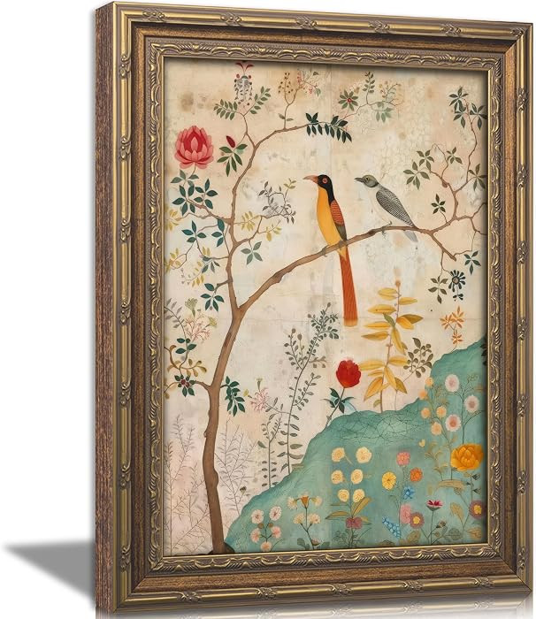 Gold Framed Vintage Plant Bird Canvas Wall Art Medieval Nature Aesthetic Flower Sparrow Painting ... | Amazon (US)