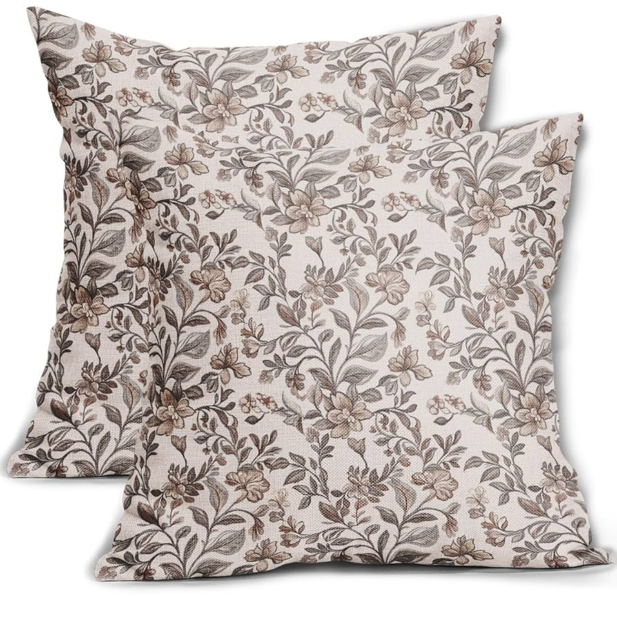 Vintage Floral Pillow Covers 18x18 Inch Set of 2, Antique Flower Block Print Brown Grey Gray Patt... | Amazon (US)