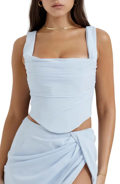 HOUSE OF CB Una Floral Cowl Neck Lace-Up Corset Top in Soft Blue Lighter at Nordstrom, Size Small A | Nordstrom