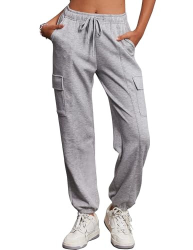 PINSPARK Womens Cargo Sweatpants High Waisted Athletic Pants Casual Jogger Pants with 6 Pockets Light Grey M | Amazon (US)