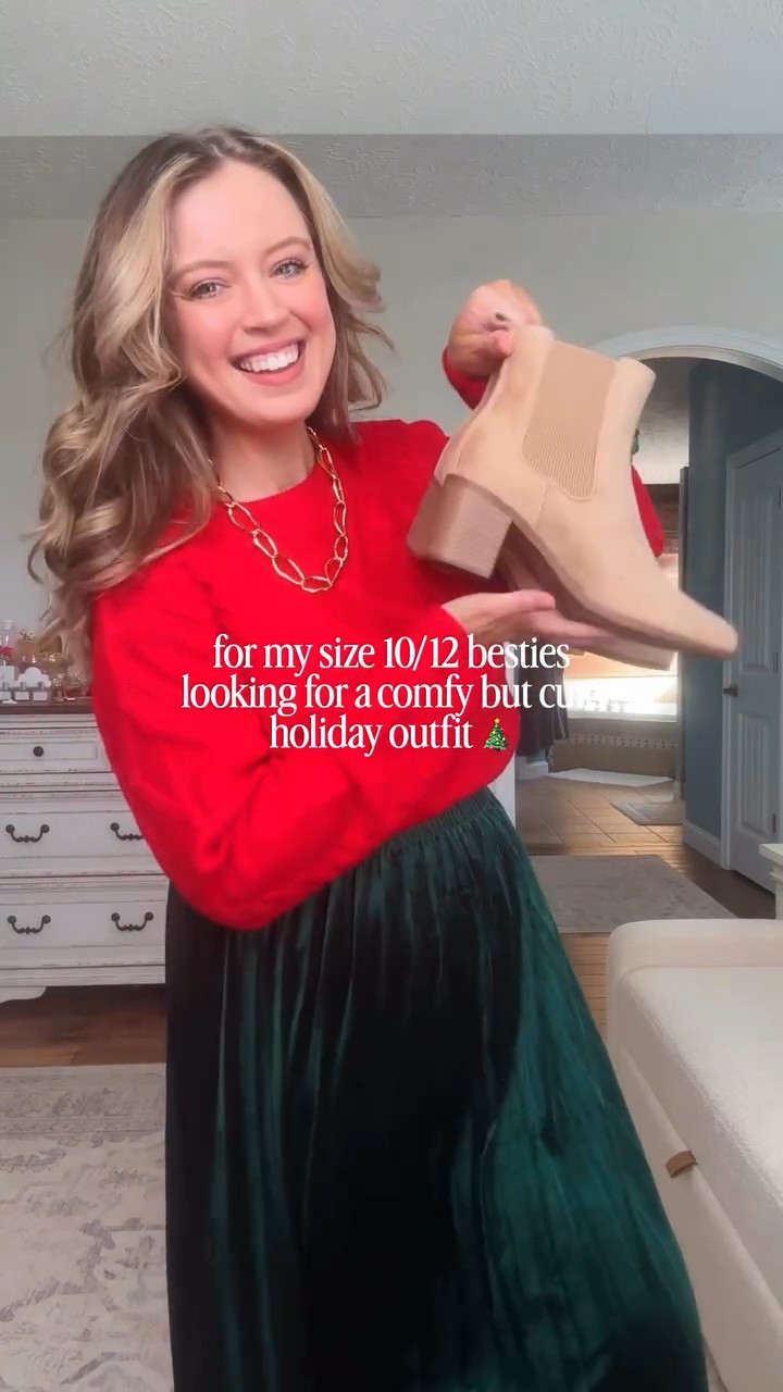 Comment HOLIDAY to shop this comfy but cute holiday outfit! Love this velvet midi skirt paired with a cable knit sweater! 🎄🙌🏻 

Follow @maciejade for more midsize holiday outfit ideas! 

midsize holiday outfit | midsize style | holiday outfit | simple holiday outfit | amazon style | christmas outfit | size 10 | size 12