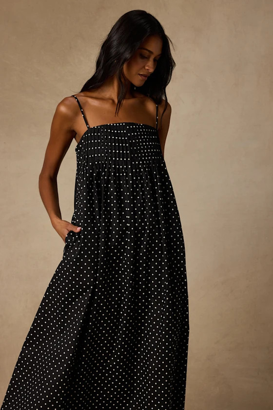 Sam Black Polka Dot Pleated Shift Midi Dress | Lulus