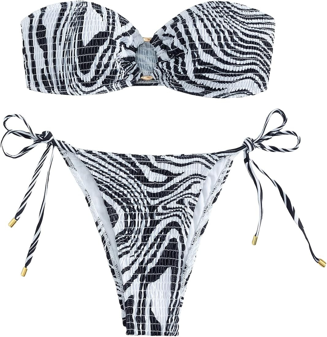 MakeMeChic Women's 2 Pieces Bandeau Swimsuits Tie Front High Cut Bikini Bathing Suit | Amazon (US)