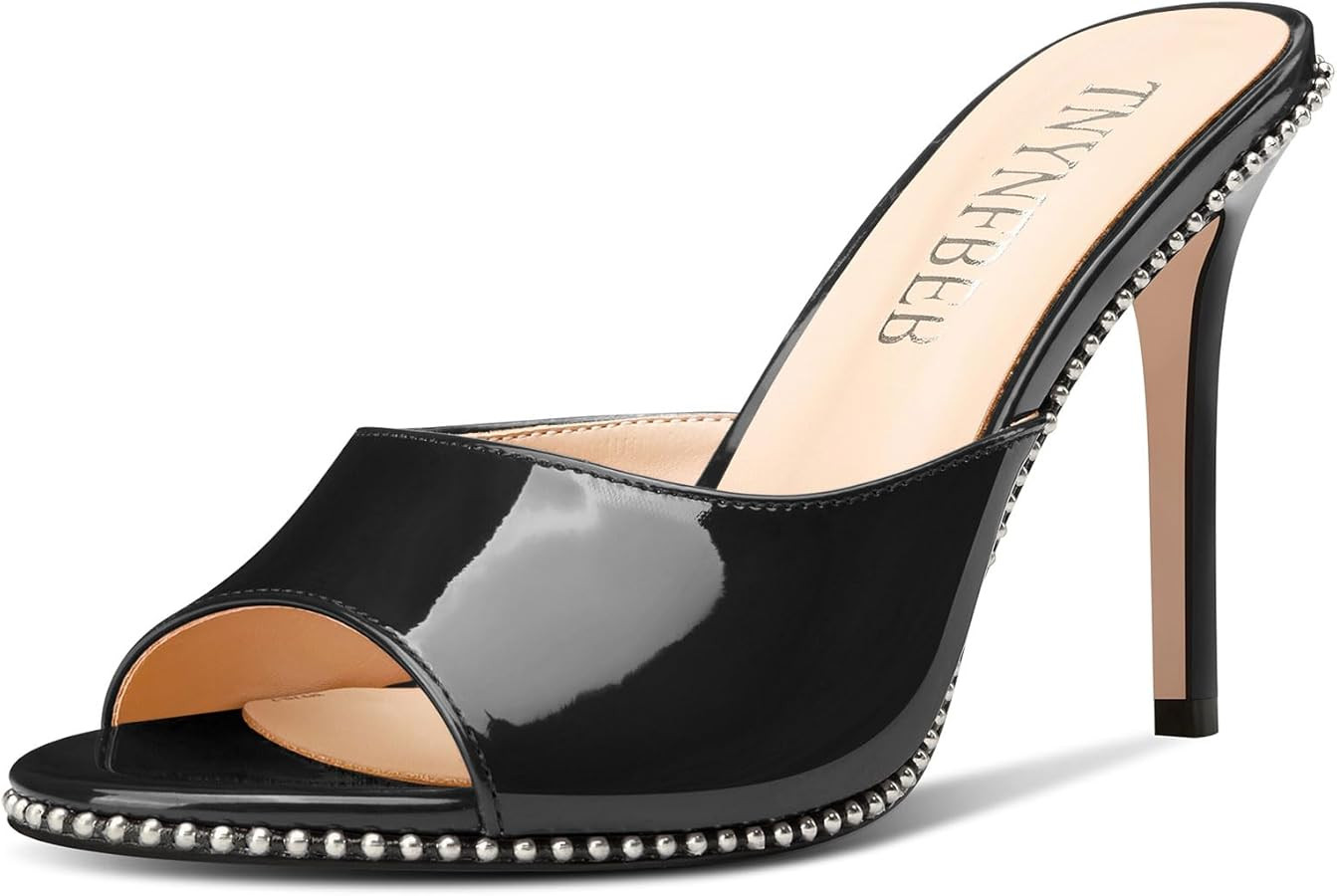 TNYNFBEB Womens Stiletto High Heel Peep Open Toe Sandals Mules Shoes Slingback Slip-on Silver Bea... | Amazon (US)