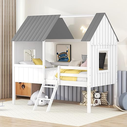 Kids House Beds, Low Loft Bed Frames Twin Size, Wood Play House Bed for Girls/Boys/Toddlers, Whit... | Amazon (US)