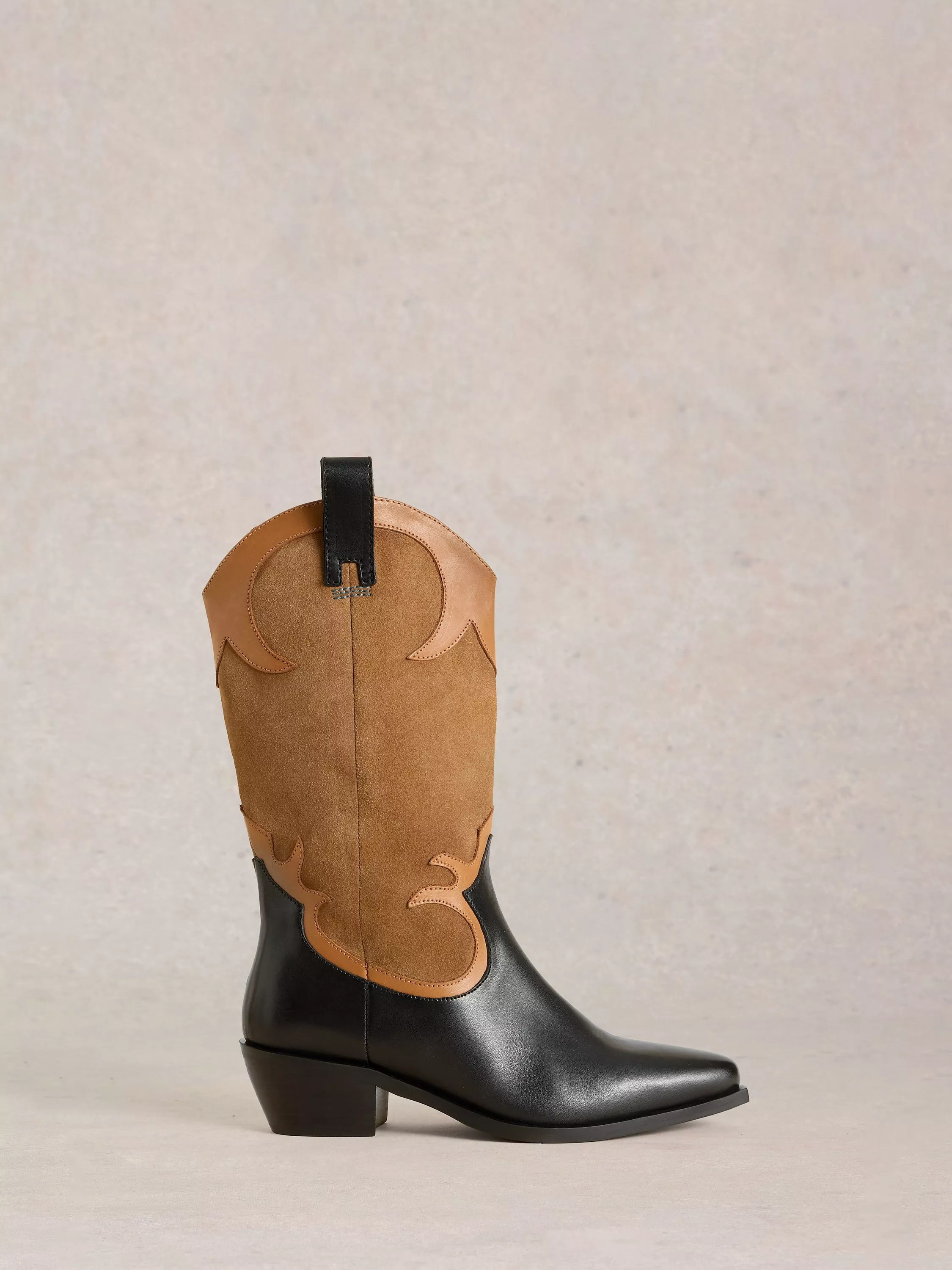 White StuffBelle Suede and Leather Cowboy Boots, Black/Tan | John Lewis (UK)