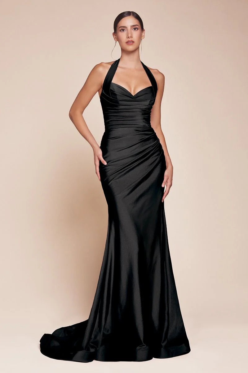 AUTUMN GOWN - BLACK - STRETCH SPANDEX SATIN HALTER FITTED DRESS | Lady Black Tie