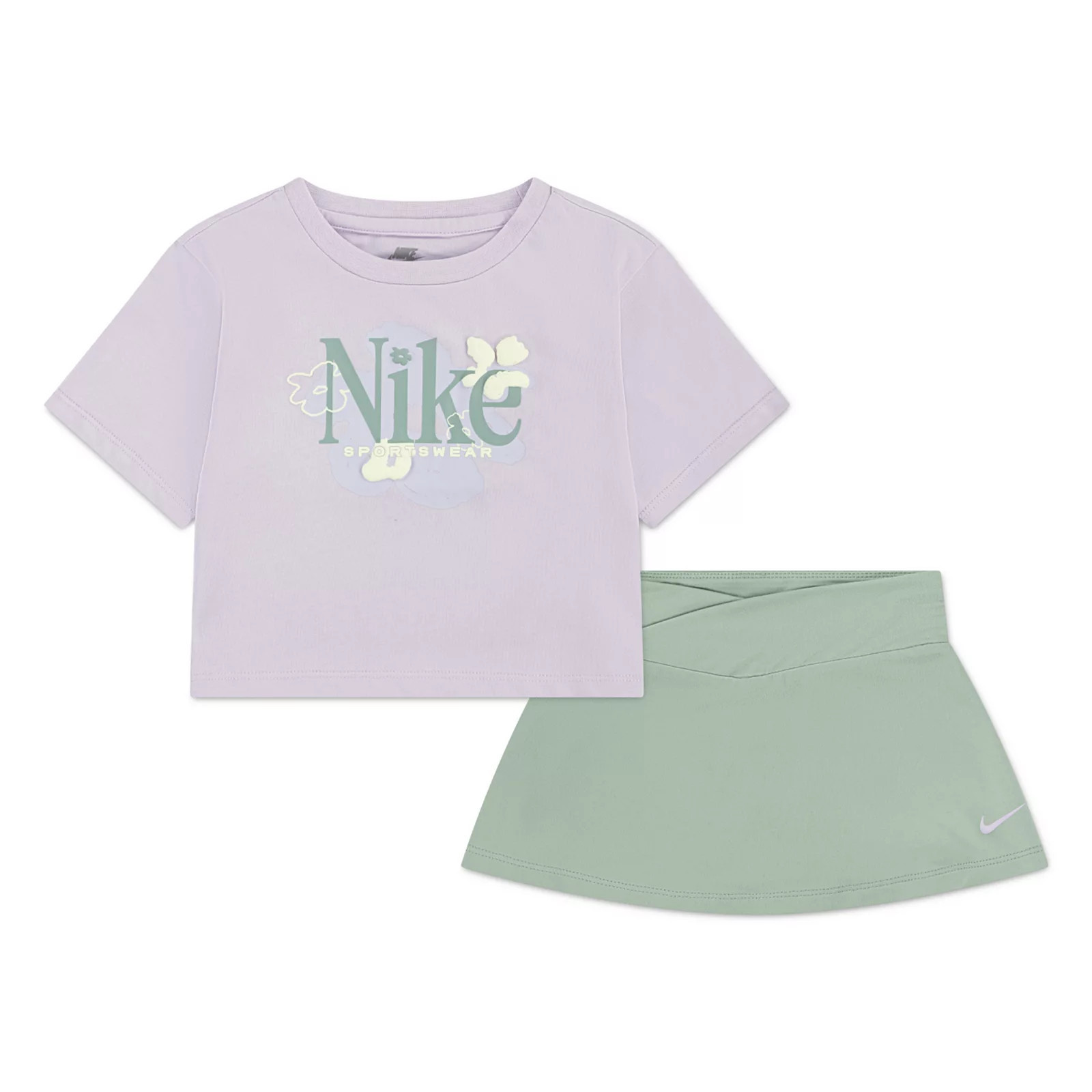 Baby & Toddler Girls Nike Wild Flower T-shirt & Dri-FIT Skort 2-Piece Set, Toddler Girl's, Size: 4T, Lilac And Green | Kohl's