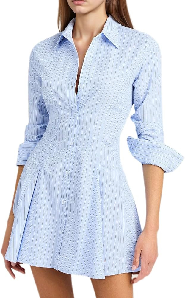 Women's Button Down Long Sleeve V Neck Mini T Shirt Dress Casual Striped Waist Tunic Elegant Shor... | Amazon (US)