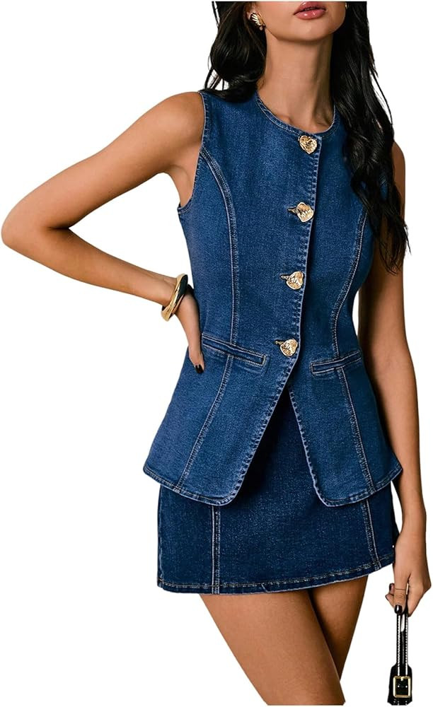 SweatyRocks Women's sleeveless jean jacket Button Down Crewneck Casual denim vest ladies tops | Amazon (US)