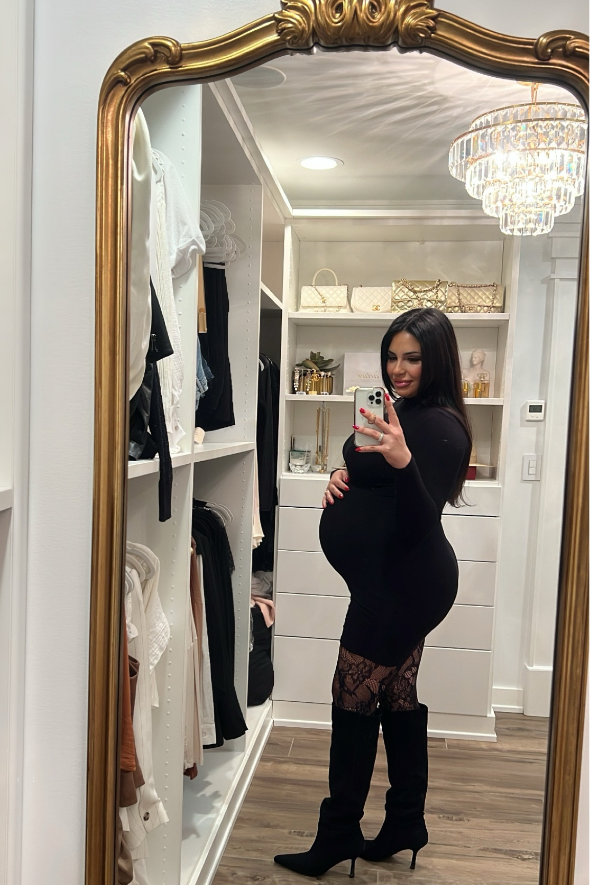 Black midi dress, lace tights, black boots 

#LTKBump #LTKSeasonal