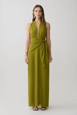 Gianna Satin Halter Maxi Dress / Olive | MESHKI | XXL | MESHKI US
