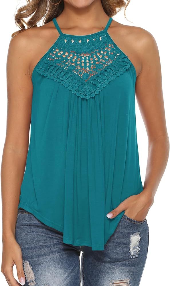 Bluetime Women's Summer Halter Spaghetti Strap Flowy Tank Tops Sleeveless Shirts Blouses Lace Cam... | Amazon (US)