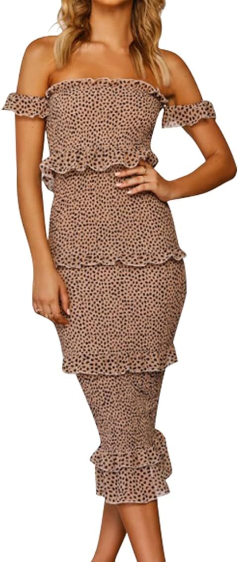 Off Shoulder Ruffle Tube Top Tiered Strapless Bodycon Party Midi Club Dress | Amazon (US)