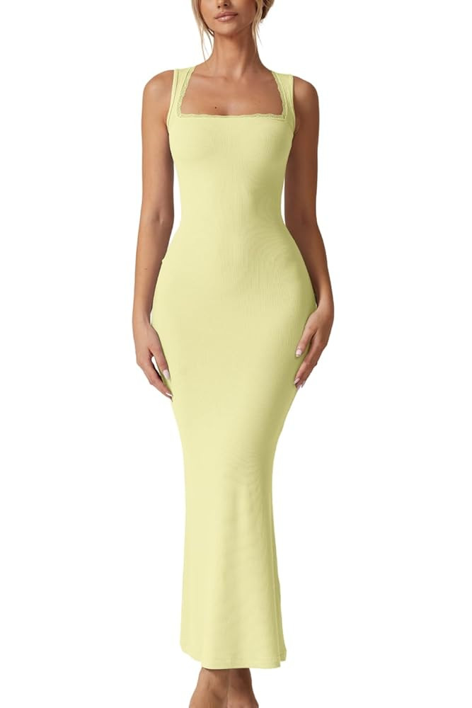 QINSEN Women's Square Neck with Lace Detail Long Maxi Dress Sleeveless Lounge Ribbed Full Length ... | Amazon (US)