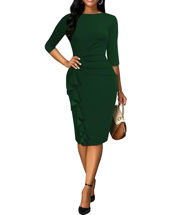 Church Dresses for Women 3/4 Sleeve Bodycon Ruffle Vintage Work Midi Pencil Dress | Amazon (US)