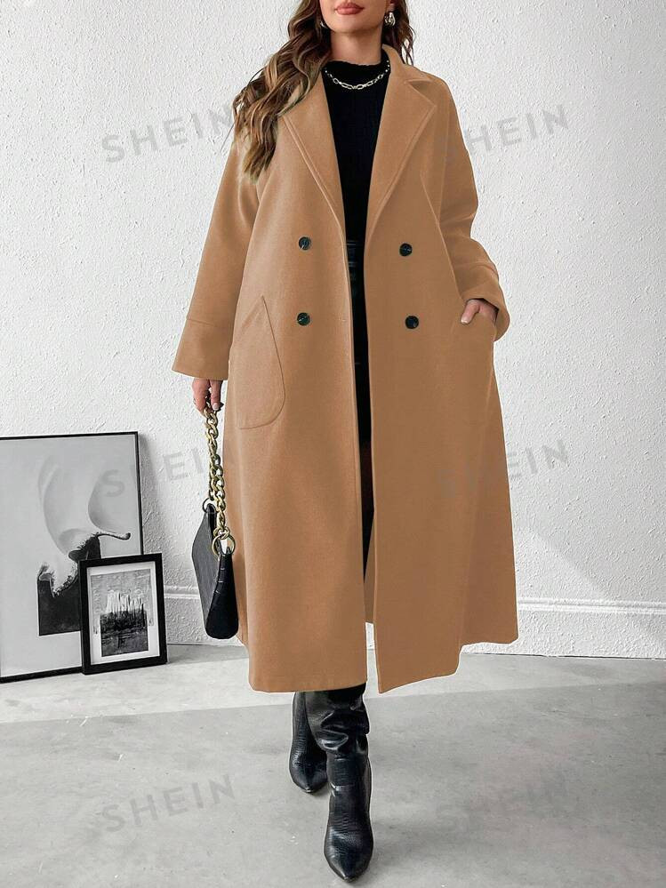SHEIN Franclia Plus Size Women Solid Color Notched Collar Long Sleeve Double Breasted Overcoat, A... | SHEIN