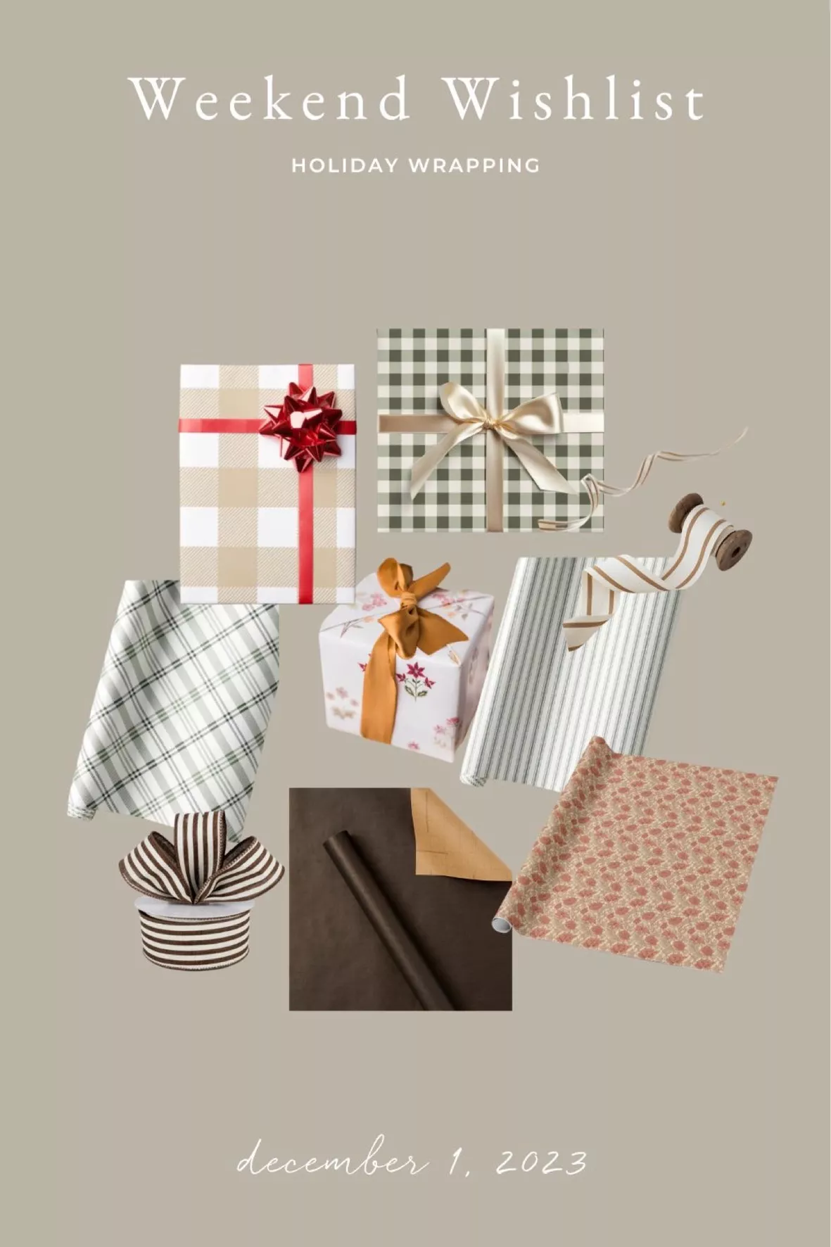 Wrapping Paper: Sage Christmas green Plaid, Beige Holiday