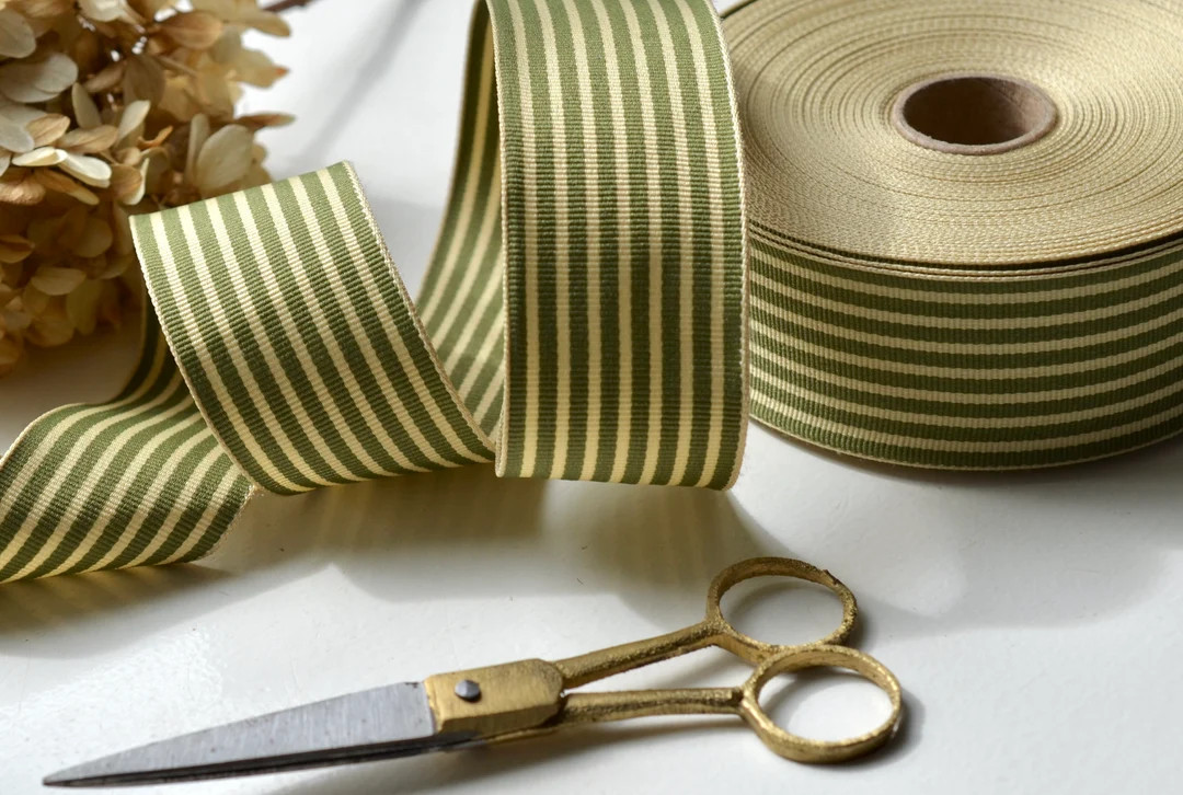 Loden Green and Oatmeal Striped Grosgrain Ribbon - Etsy | Etsy (US)