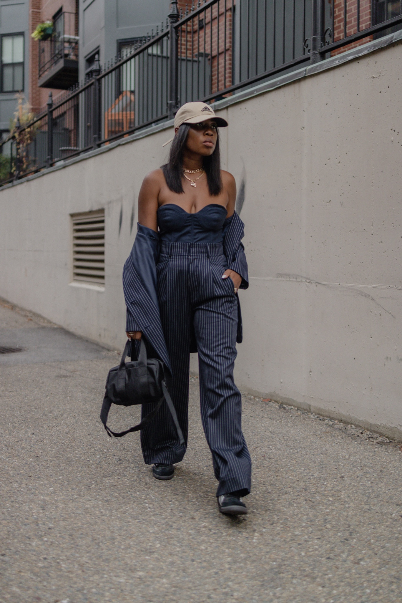 Pinstripe suit bustier top adidas samba 

#LTKstyletip