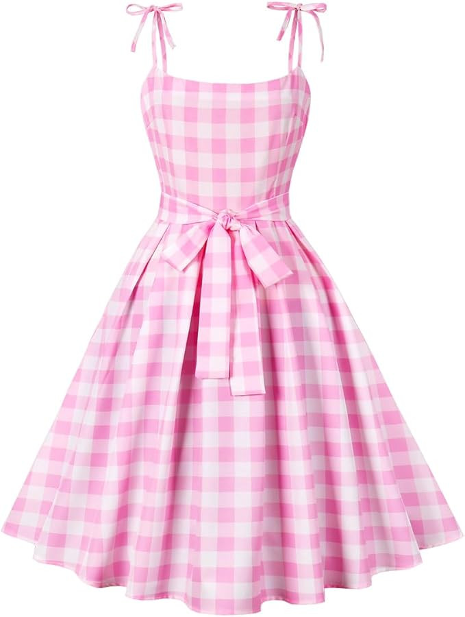 Women Vintage 1950s Pink Gingham Dress Spaghetti Straps Rockabilly Pinup Dresses 50s Costume Hall... | Amazon (US)
