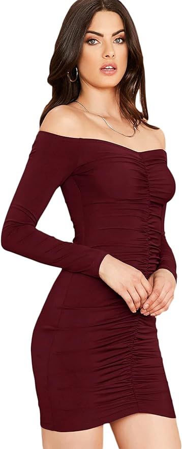 Floerns Women's Off Shoulder Long Sleeve Ruched Bodycon Mini Party Dress | Amazon (US)