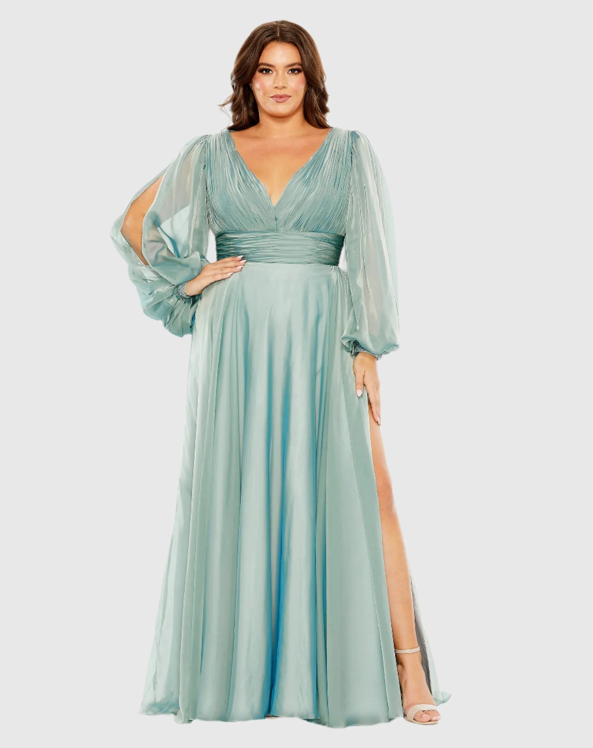 Puff Sleeve w/ Embellished Cuff V Neck A Line Dress | Mac Duggal