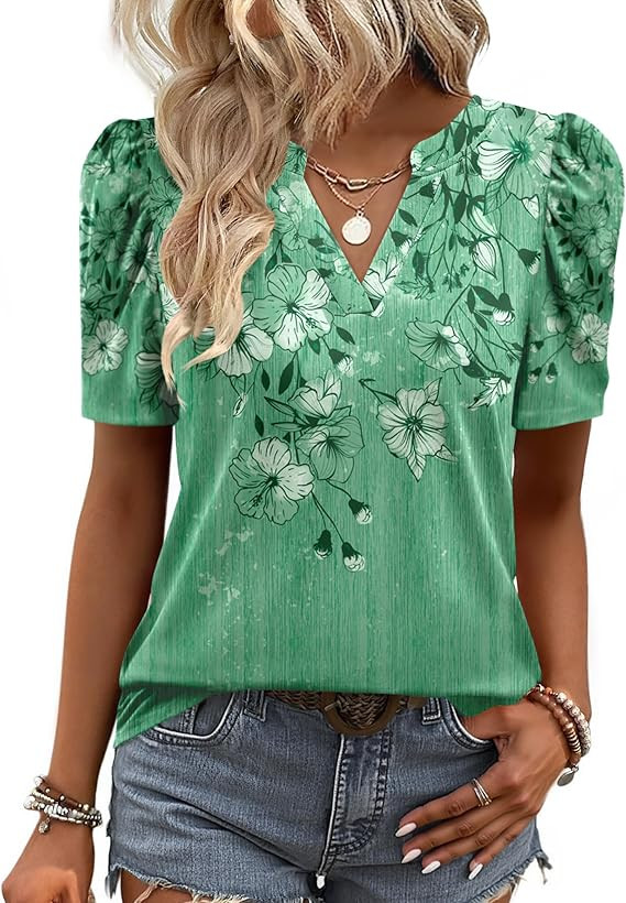 Zeagoo Women Blouses Puff Short Sleeve Tops V Neck Dressy Casual Spring Shirts Boho Floral Cute C... | Amazon (US)