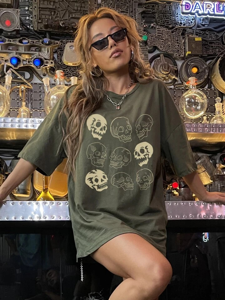 Skull Print Drop Shoulder Tee | SHEIN
