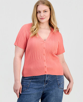 Trendy Plus Size Short-Sleeve Ribbed V-Neck Cardigan | Macy's