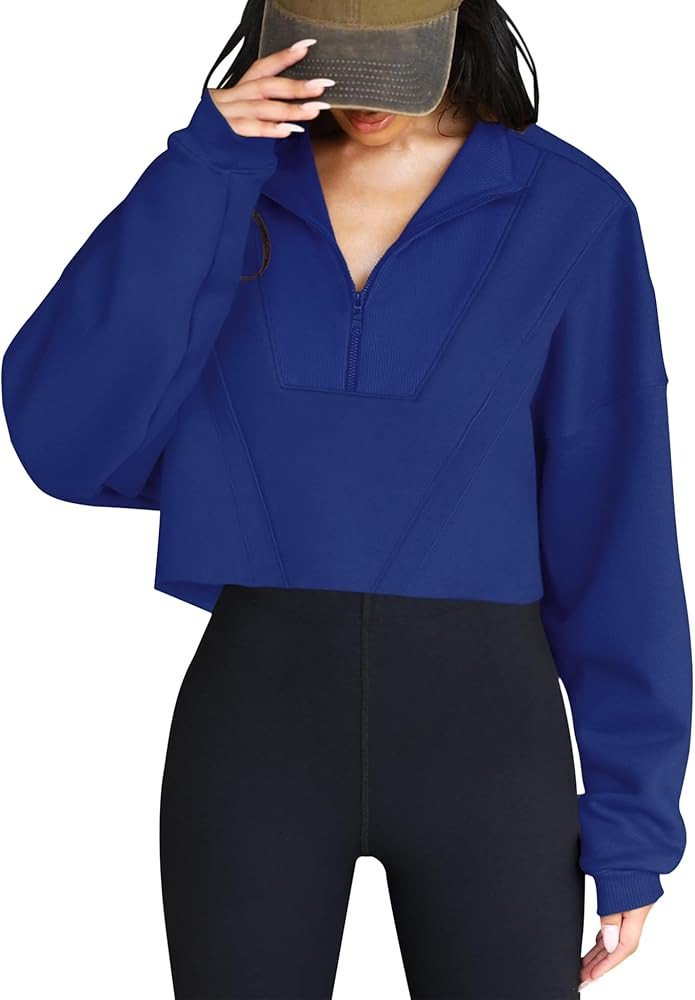 LOMON Women Cropped Fleece Lining Pullover with Raw-cut Hem Oversized Quarter Zip Sweatshirt Tren... | Amazon (US)