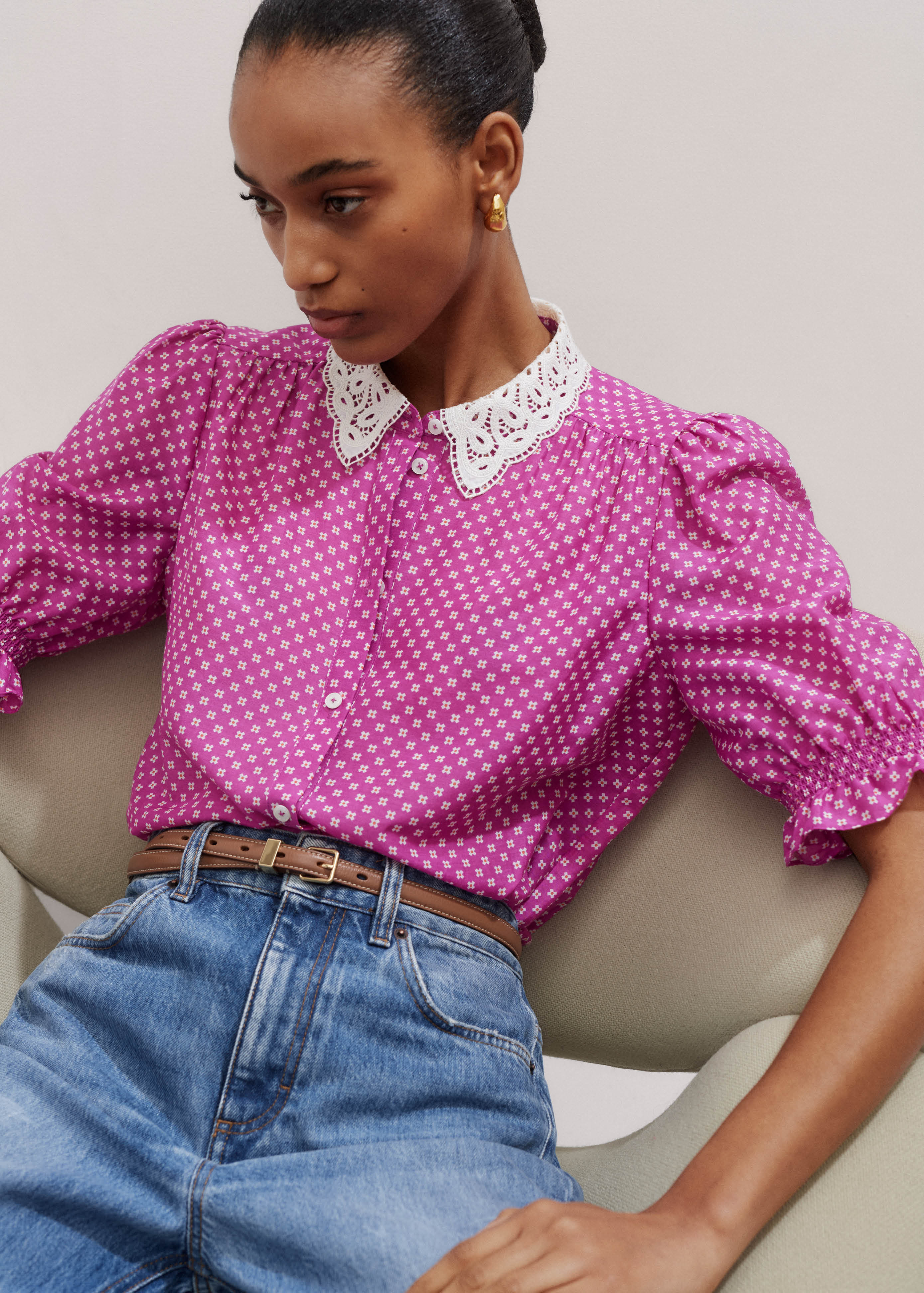 Women's Purple Silk Cotton Little Crosses Print Blouse | ME+EM | ME+EM US