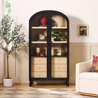 Darci 74 in. Tall Black Modern MDF 3-Shelf Arched Bookcase Cabinet with Full-Length Glass Doors and Drawer Storage | The Home Depot