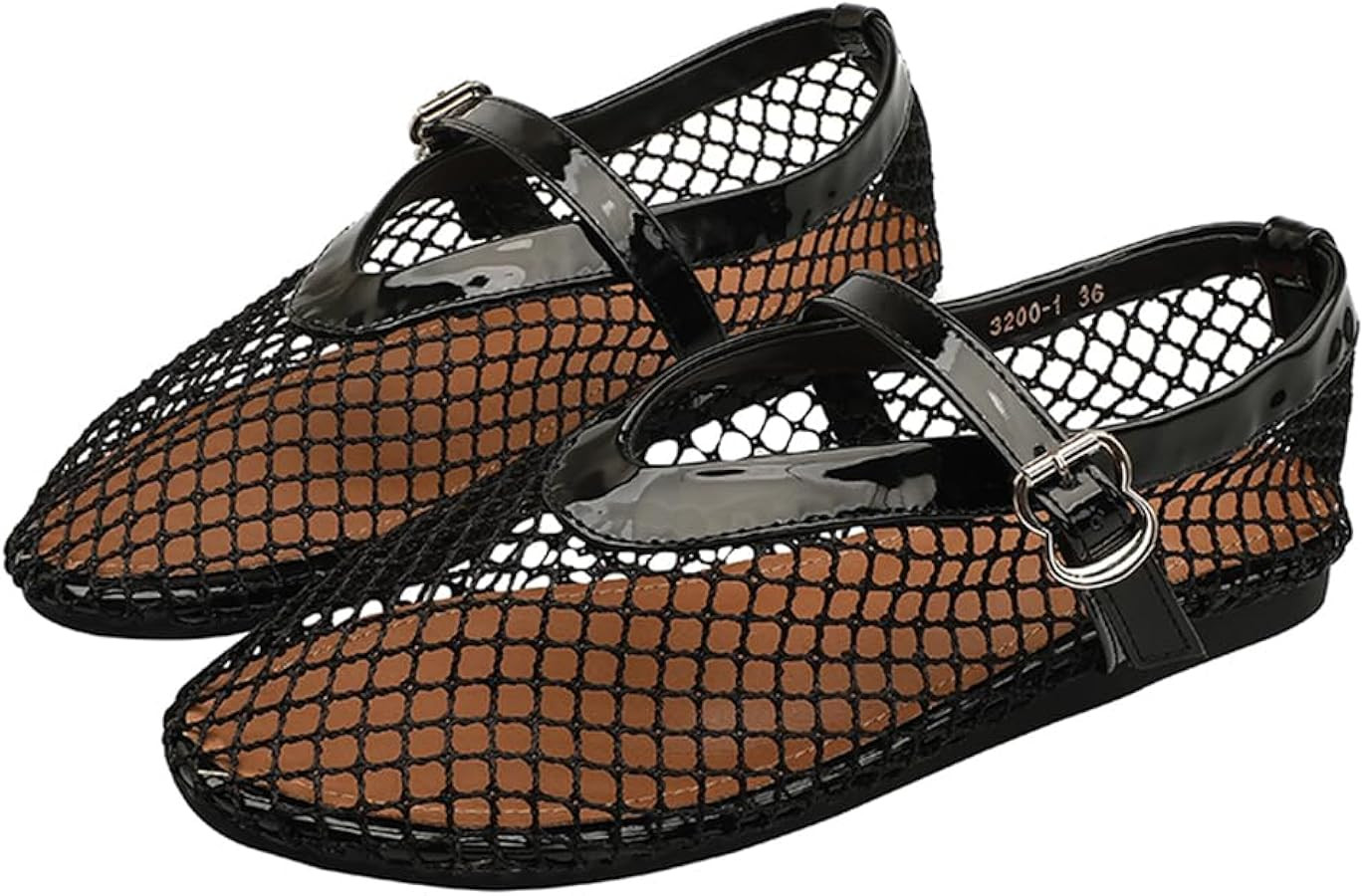 Mesh Ballet Flats for Women, Fashion Comfortable Round Toe Fishnet Buckle Mary Jane Casual Baller... | Amazon (UK)