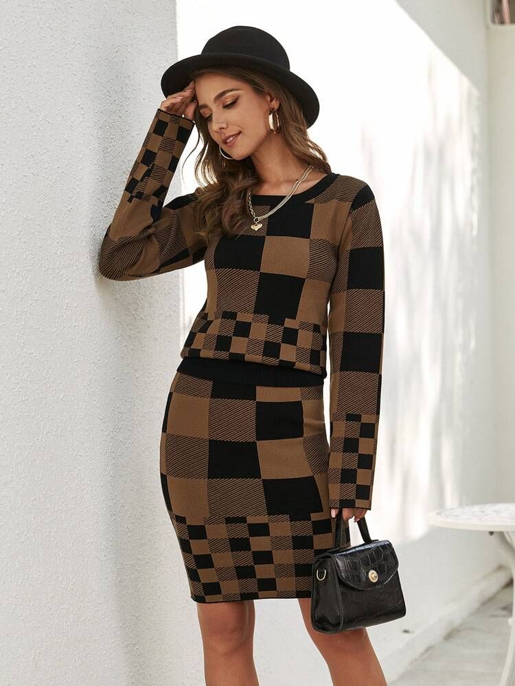 Plaid Sweater and Pencil Skirt Set | SHEIN
