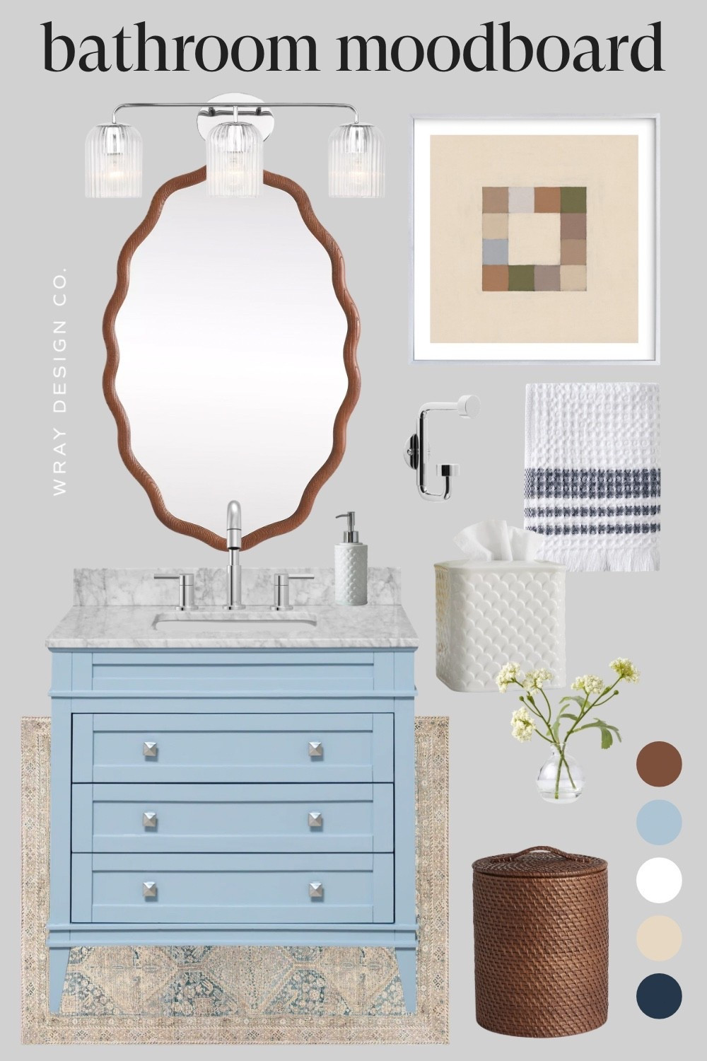 🚨Free moodboard alert! Featuring a Transitional Coastal Cottage bathroom with a touch of modern elements. The light blue vanity (on sale!) adds a classic touch while the grandmillenial mirror breaks up the straight lines. I then paired with a vintage rug, chrome finishes, and earthy bathroom accessories. Let me know what you think in the comments!  

#LTKHome #LTKSaleAlert