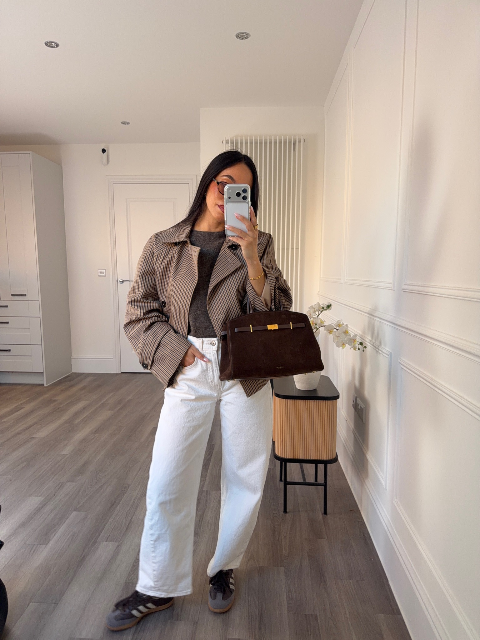 Autumn Outfits on Repeat 🍂 check trench jacket, knit top and barrel leg jeans