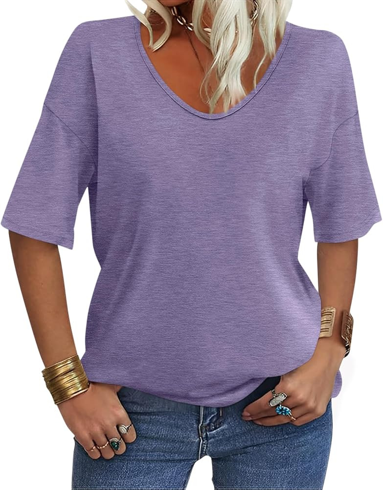 Women's V Neck Tops Elbow Length Shirts Loose Fit Summer Tops Basic Tees | Amazon (US)