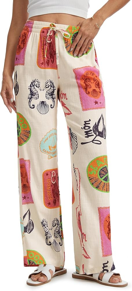 Women 28/30/32/34 Inseam Printed Linen Pants Wide Leg Casual Palazzo Summer Beach Lounge with Poc... | Amazon (US)