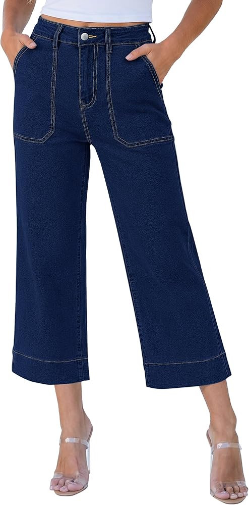 Vetinee Capri Jeans for Women Wide Leg High Waisted Trendy Summer Patch Pocket Cropped Loose Stra... | Amazon (US)