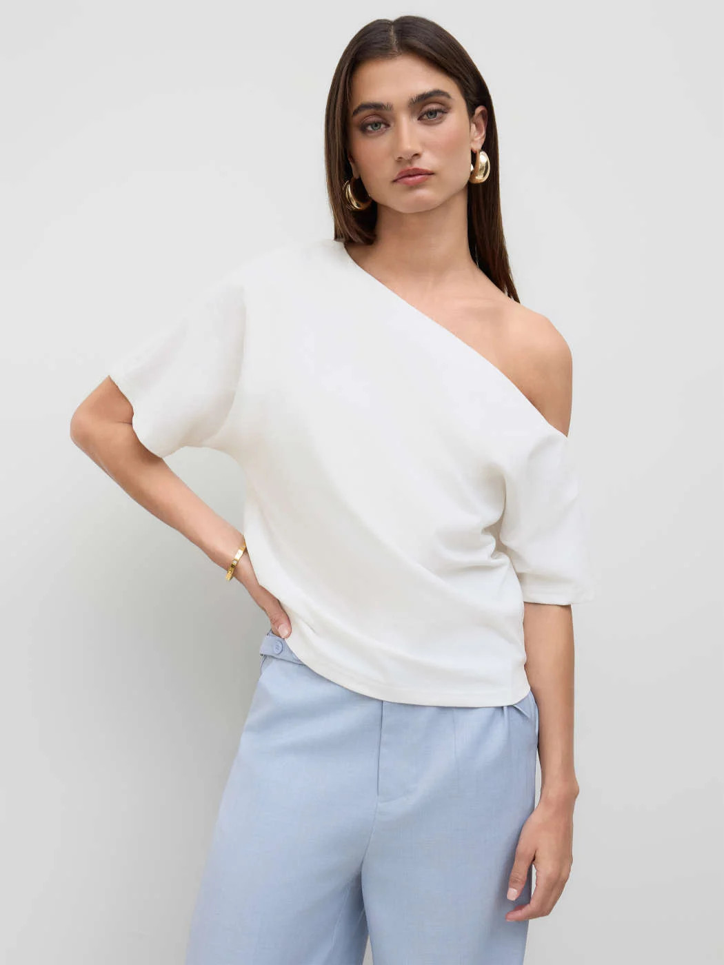 Baumwollmischung Asymmetrischer Hals Rüschiges T-Shirt | Cider
