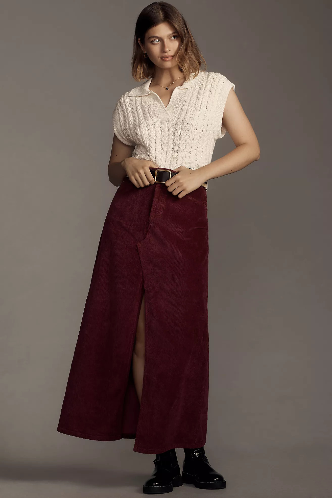 The Madi Front-Slit Corduroy Skirt by Pilcro | Anthropologie (US)