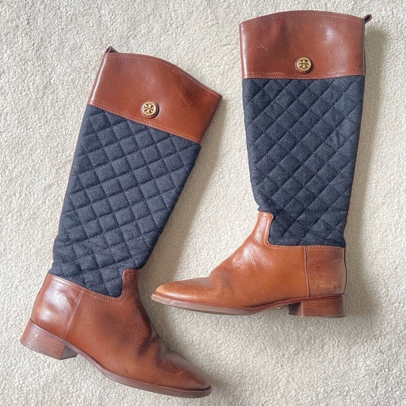 Tory Burch Rosalie Riding Boot Leather Brown Charcoal Black Gray Knee High Shoes | Poshmark