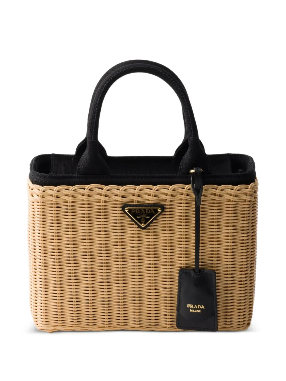 Prada medium wicker and canvas tote bag - Neutrals | Farfetch Global
