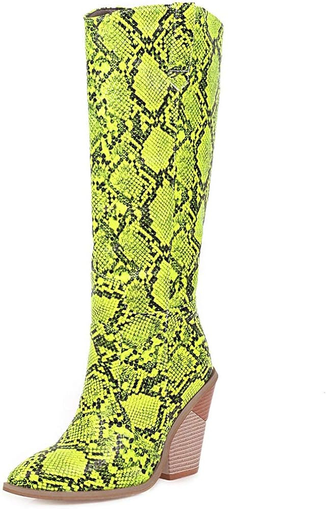 MeiLuSi Snake Print Western Knee High Boots Chunky Stacked Heel Pointy Toe Cowboy Cowgirl Boots | Amazon (US)