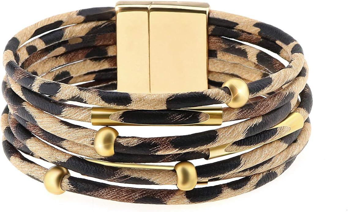 Wowanoo Leopard Bracelet Multilayer Leather Cuff Bracelet Boho Women's Metal Tube Bracelet | Amazon (US)