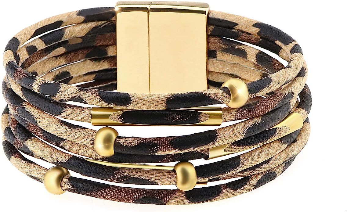 Wowanoo Leopard Bracelet Multilayer Leather Cuff Bracelet Boho Women's Metal Tube Bracelet | Amazon (US)