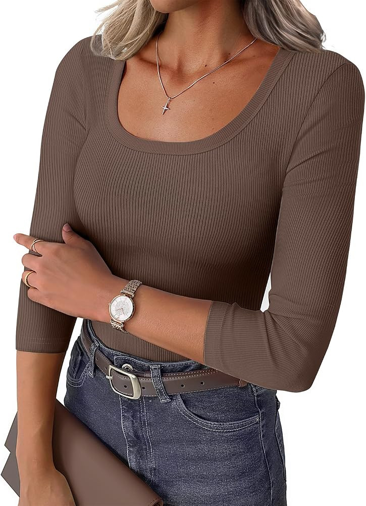 Womens 3/4 Sleeve Scoop Neck Top Ribbed Knit Slim Fitted Casual Basic Tee Shirts 2025 Fall Trendy... | Amazon (US)